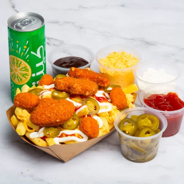 French fries with Nuggets + Jalapenos + soft drink