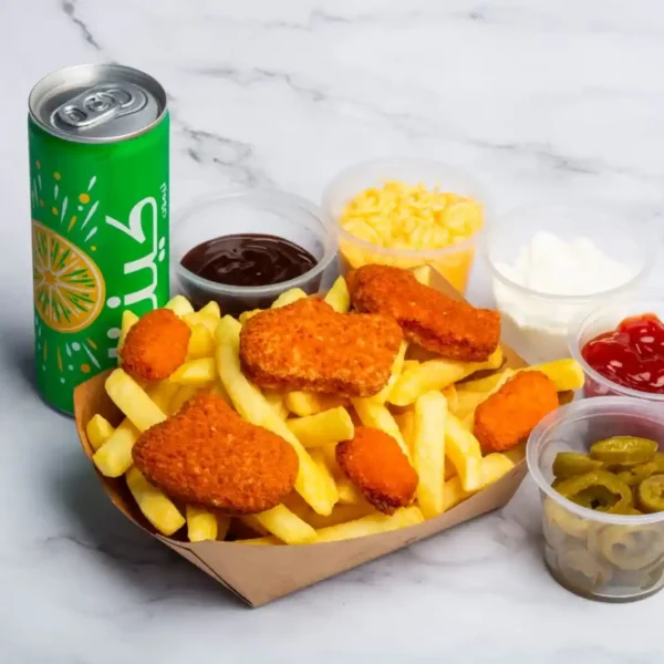 French fries + nuggets + jalapenos + soft drink